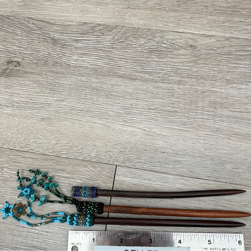 3 Japanese-style Hair Sticks - Wood sticks with Beading and Turquoise Tassels - Picture 5 of 7